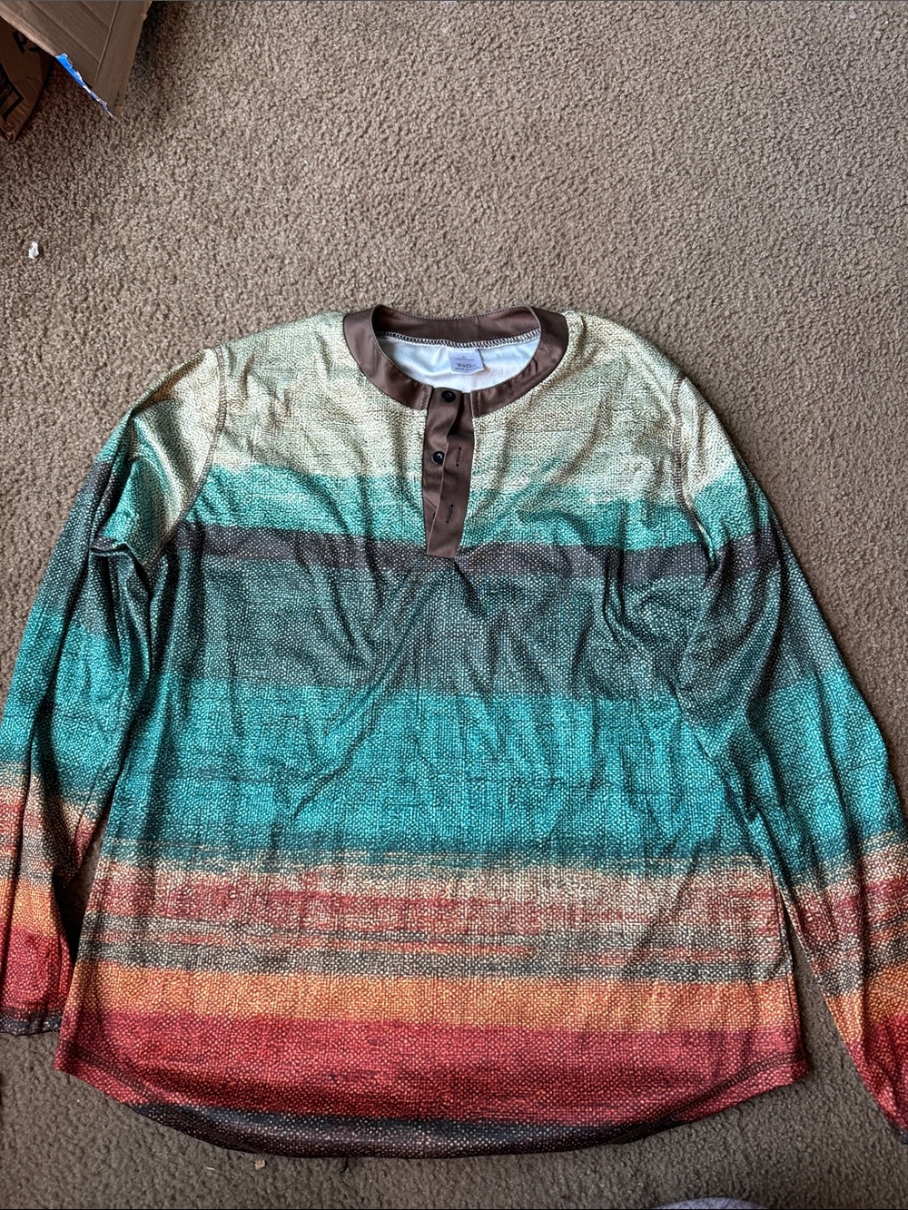 Striped Gradient Long-Sleeve Henley Shirt - Teal, Brown, Red